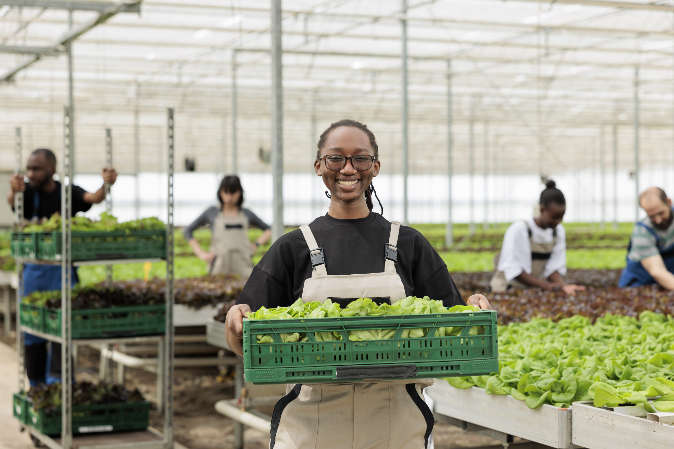 Accueil worker holding eco leafy greens crate